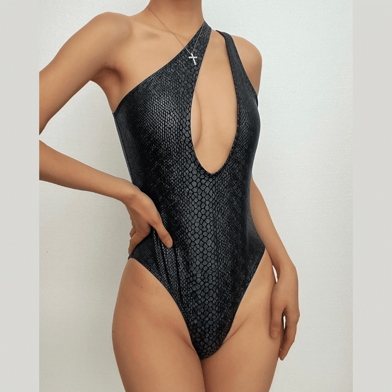 Maillot de bain une pièce à imprimé peau de serpent métallisé à une épaule ajourée 