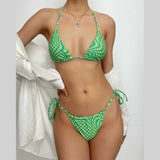 Traje de baño bikini sin espalda con contraste a cuadros y lazo tipo halter 