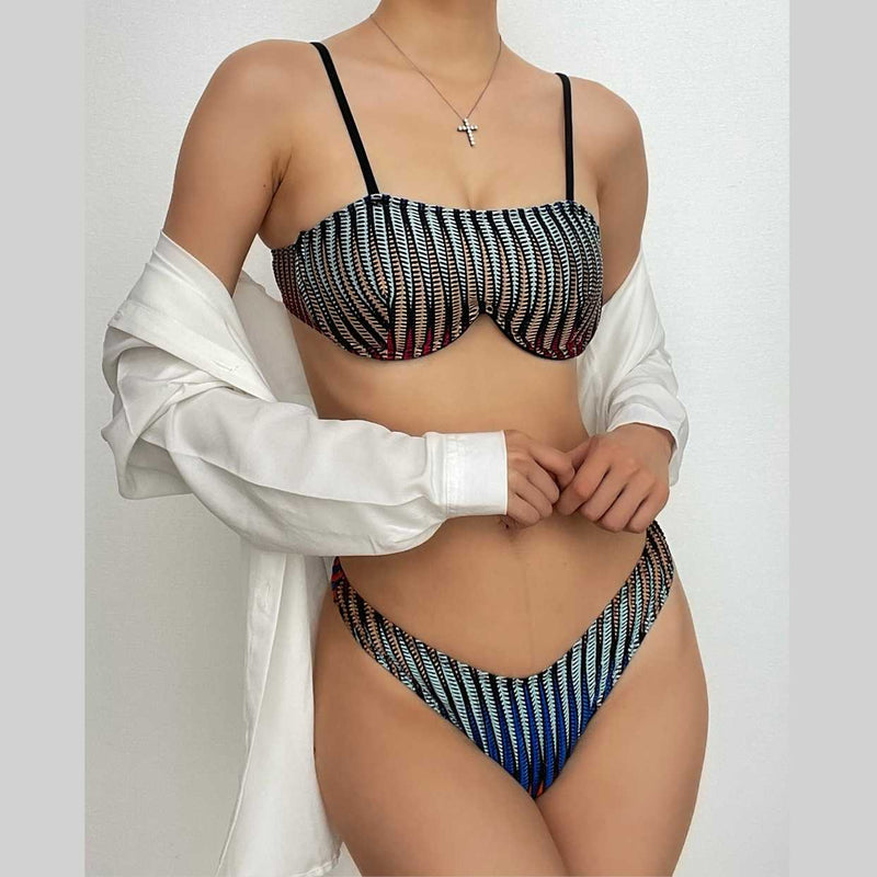 Traje de baño tipo bikini de tirantes con botones en contraste texturizado 