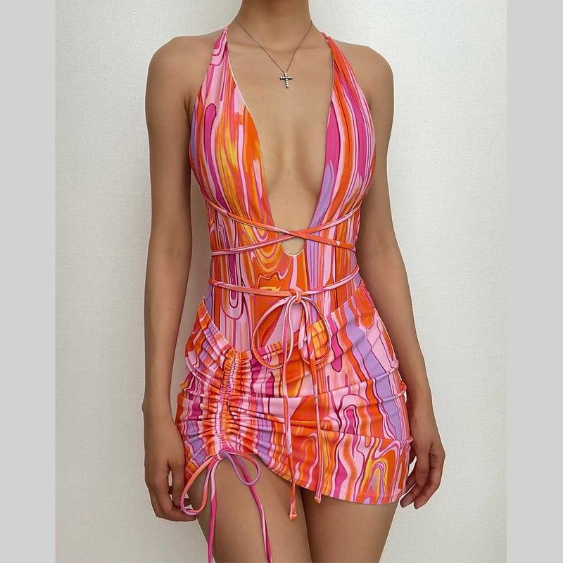 Traje de baño de una pieza con espalda cruzada y cordón ondulado con falda de playa 