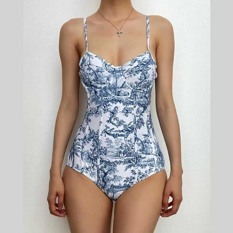 Maillot de bain une pièce à imprimé contrasté, col en V, dos nu, avec jupe de plage 
