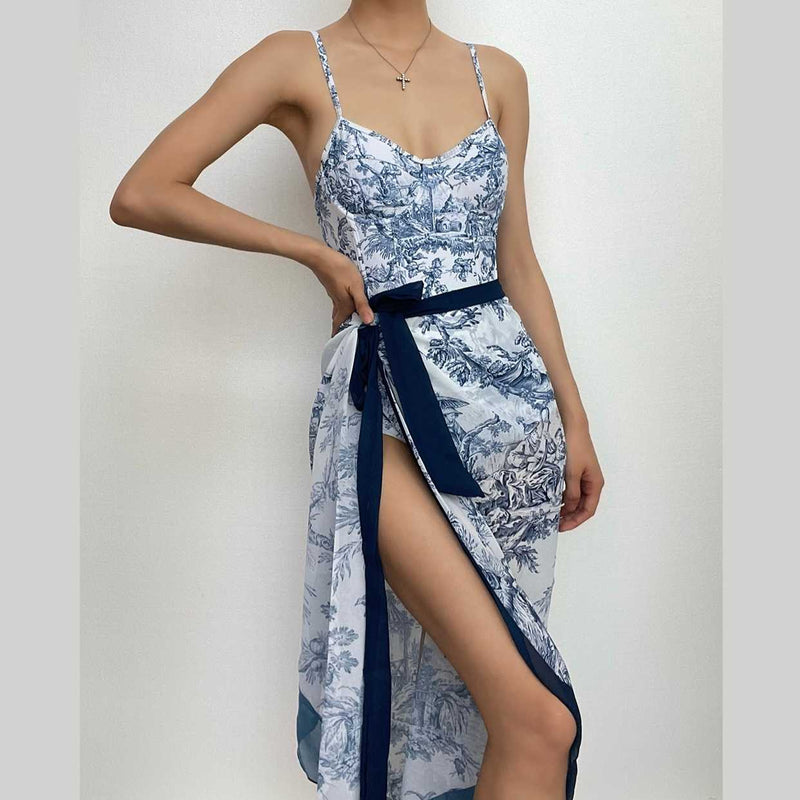 Maillot de bain une pièce à imprimé contrasté, col en V, dos nu, avec jupe de plage 