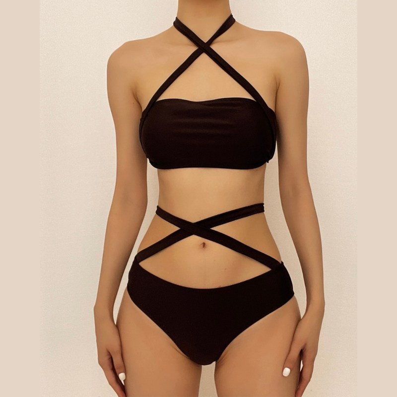 Traje de baño bikini de tubo con relleno y lazo cruzado en la parte delantera 
