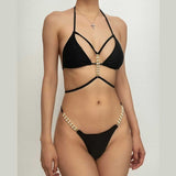 Maillot de bain bikini uni dos nu avec chaîne en métal perlé 