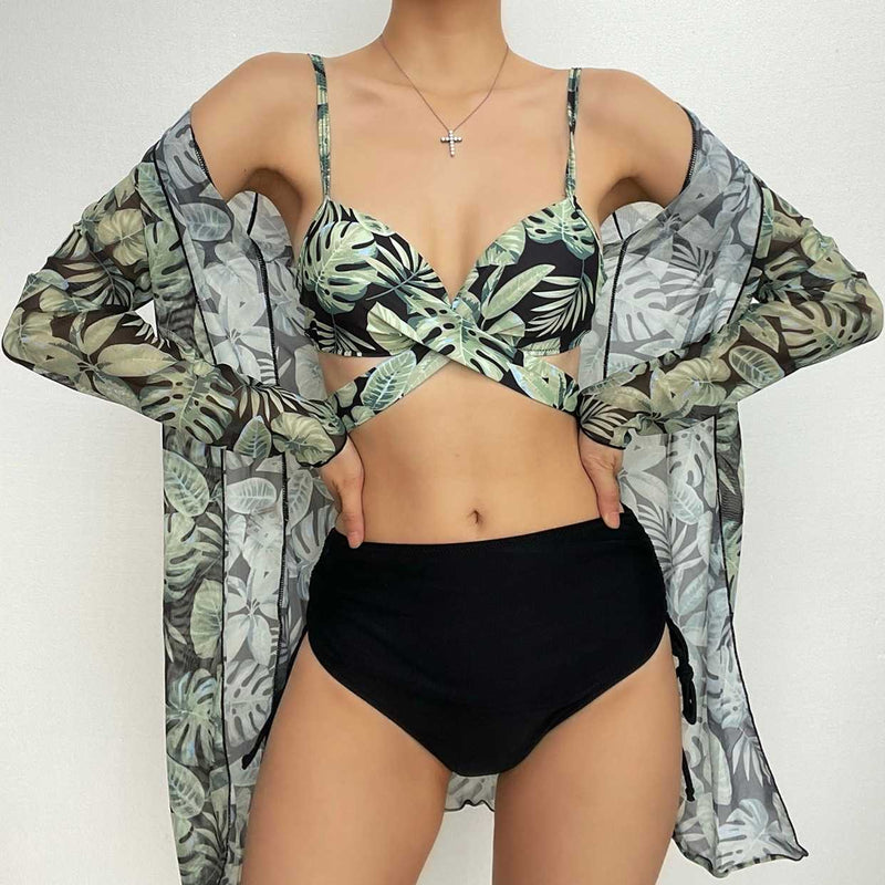 Maillot de bain 3 pièces à volants contrastés et croisés sur le devant 