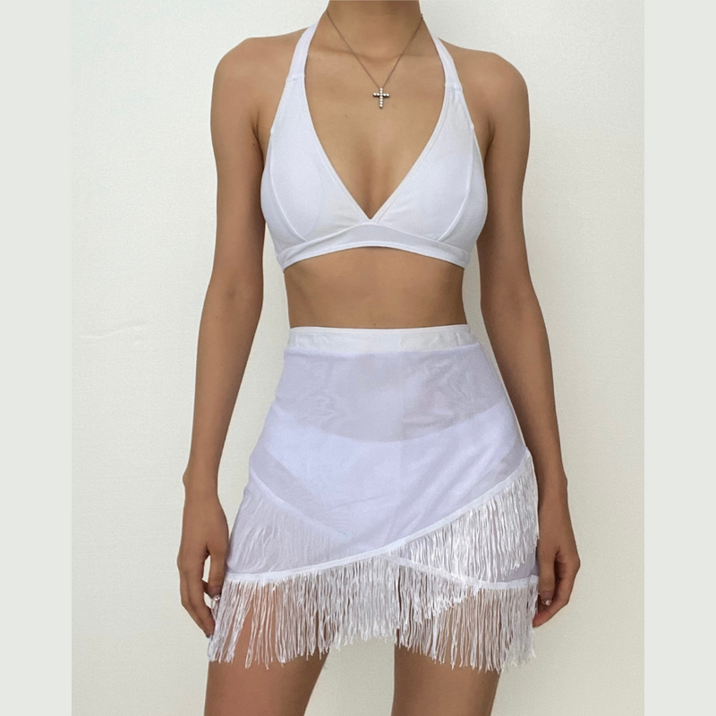 Maillot de bain 3 pièces dos nu à nouer et à pompons 
