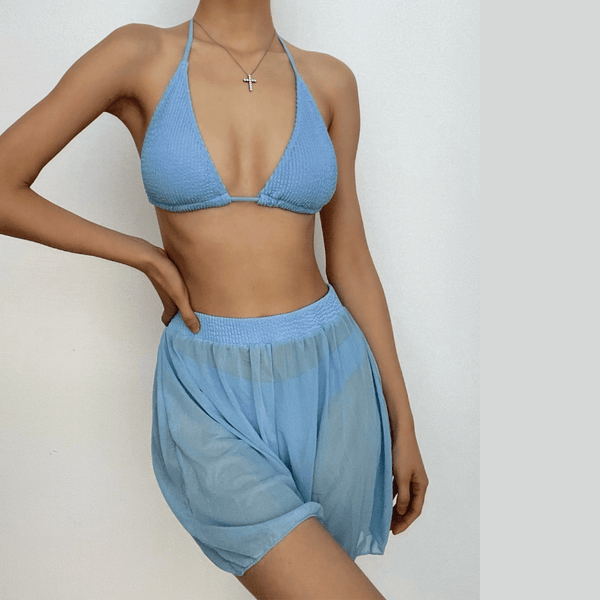 Traje de baño de 3 piezas con textura sólida, sin espalda y con cuello halter de malla y lazo 