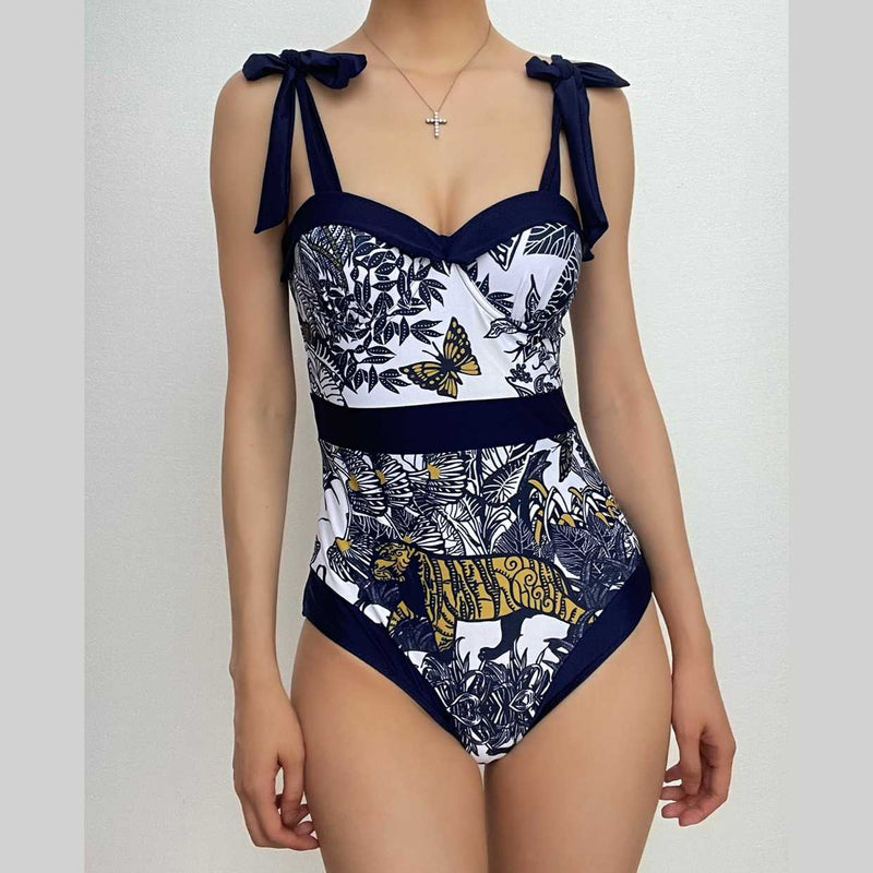 Maillot de bain une pièce à imprimé contrasté, col en cœur, à nouer soi-même, avec jupe de plage 