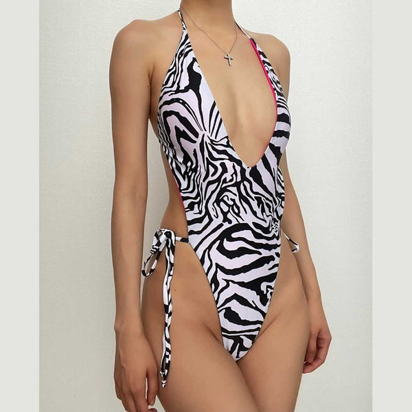 Maillot de bain une pièce à imprimé zèbre, col en V, dos nu, contrasté, à nouer soi-même 