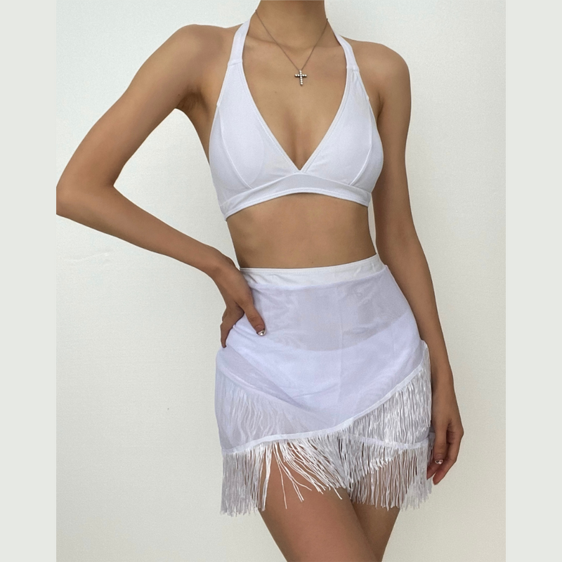 Maillot de bain 3 pièces dos nu à nouer et à pompons 