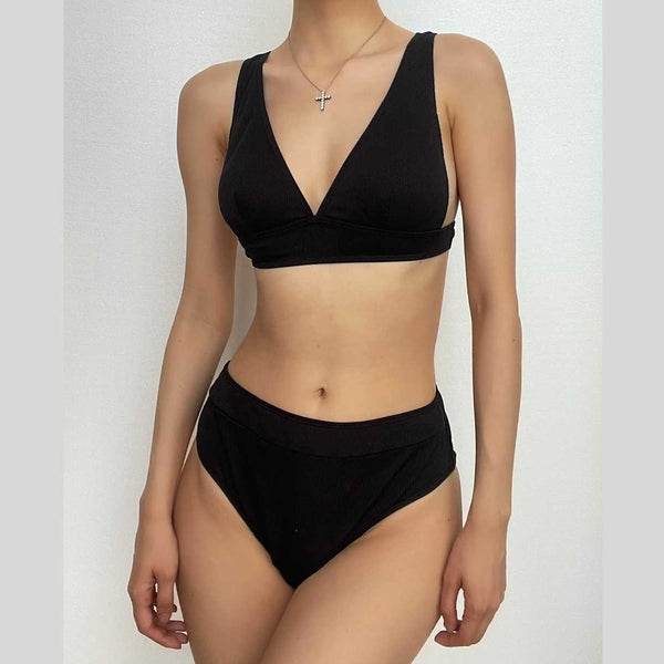 Maillot de bain bikini dos nu rembourré à col en V uni 