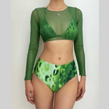 Maillot de bain 3 pièces à manches longues et col licou en maille imprimé léopard 