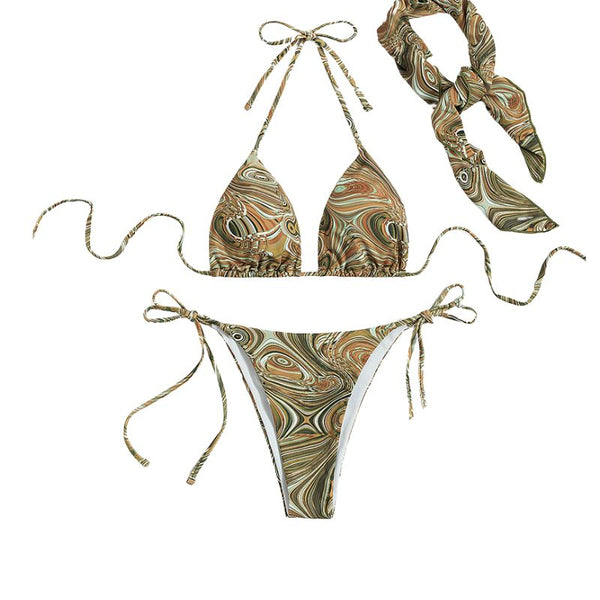 Maillot de bain 3 pièces à imprimé abstrait contrasté, dos nu et noué 