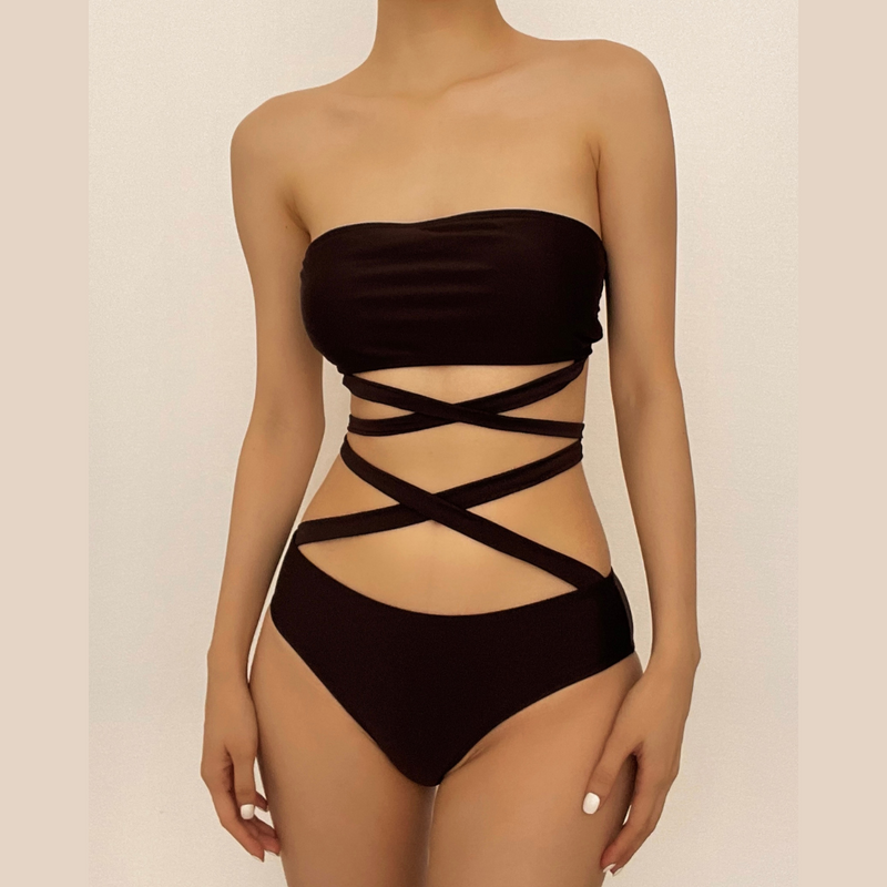 Traje de baño bikini de tubo con relleno y lazo cruzado en la parte delantera 
