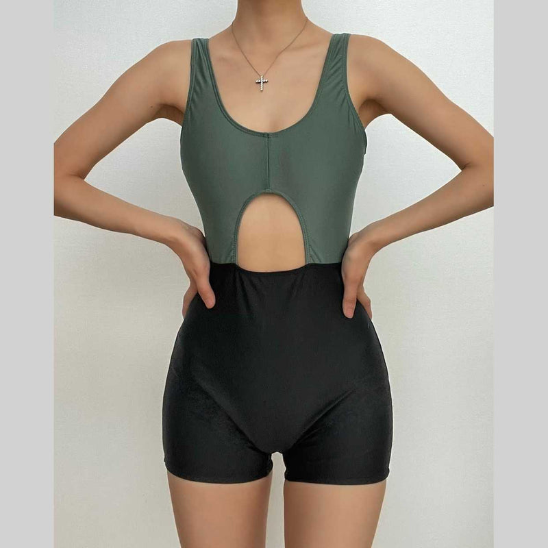 Maillot de bain une pièce sans manches à col en U contrasté et creux 