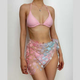 Traje de baño de 3 piezas con cuello halter, acolchado y estampado floral en contraste 