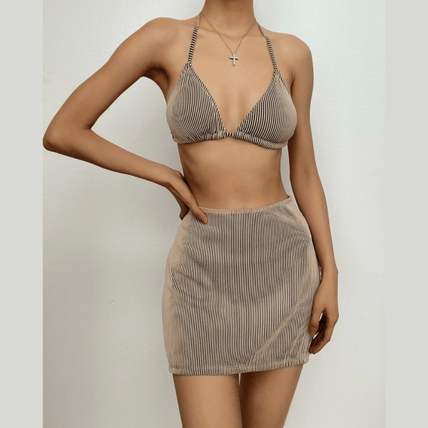 Maillot de bain 3 pièces avec mini-jupe licou texturée à nouer soi-même 
