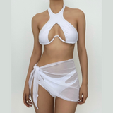 Maillot de bain 3 pièces uni à licou et à nouer soi-même 