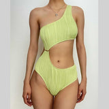 Maillot de bain une pièce texturé uni à une épaule et bouton ajouré 