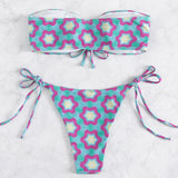 Maillot de bain bikini tube rembourré à nouer et motif floral contrasté 