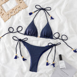 Traje de baño bikini sin espalda con cuello halter fruncido liso y lazo anudado 