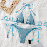 Traje de baño bikini sin espalda con cuello halter fruncido liso y lazo anudado 