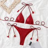 Traje de baño bikini sin espalda con cuello halter fruncido liso y lazo anudado 