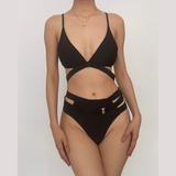 Maillot de bain bikini ajouré à dos croisé et boutons solides à col en V 