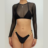 Traje de baño de 3 piezas con cuello halter, cruzado, con aro o y relleno de malla sólida 