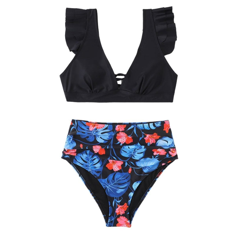 Maillot de bain bikini à manches courtes et volants contrastés, imprimé feuilles et lacets 