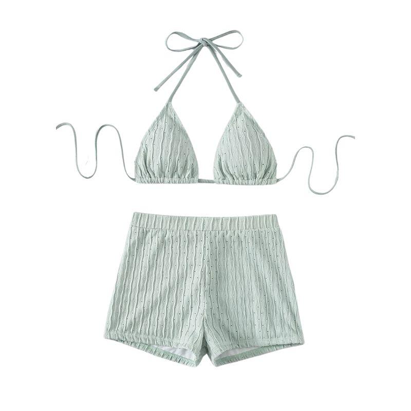 Traje de baño bikini con espalda descubierta, tirantes finos y textura tipo halter 