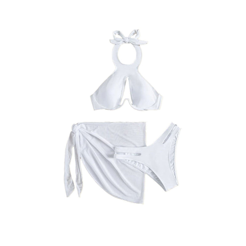 Maillot de bain 3 pièces uni à licou et à nouer soi-même 