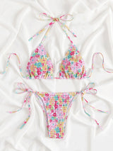 Traje de baño bikini sin espalda con cuello halter y estampado floral fruncido 