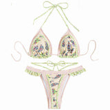 Traje de baño bikini con espalda descubierta, fruncido y lazo en contraste 