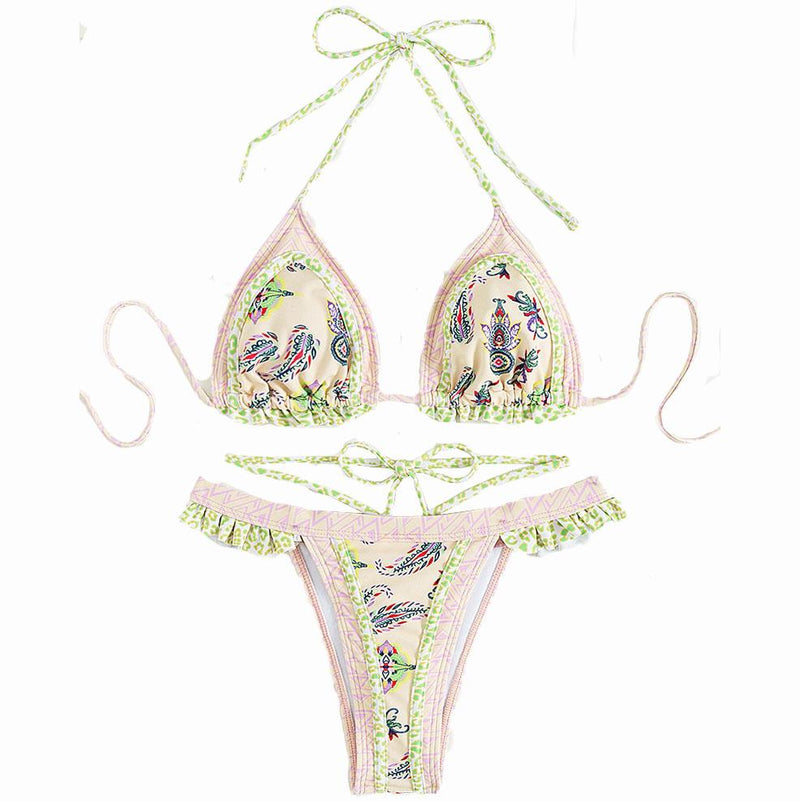 Traje de baño bikini con espalda descubierta, fruncido y lazo en contraste 