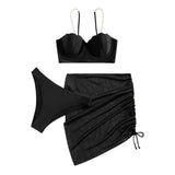 Traje de baño de 3 piezas con espalda descubierta, acolchado y cordón de malla con perlas 