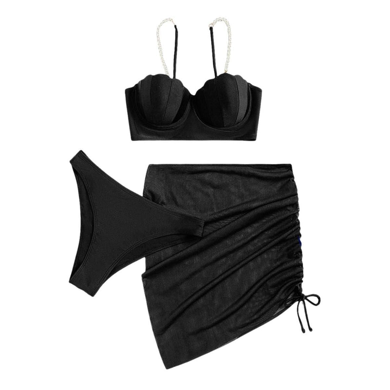 Traje de baño de 3 piezas con espalda descubierta, acolchado y cordón de malla con perlas 