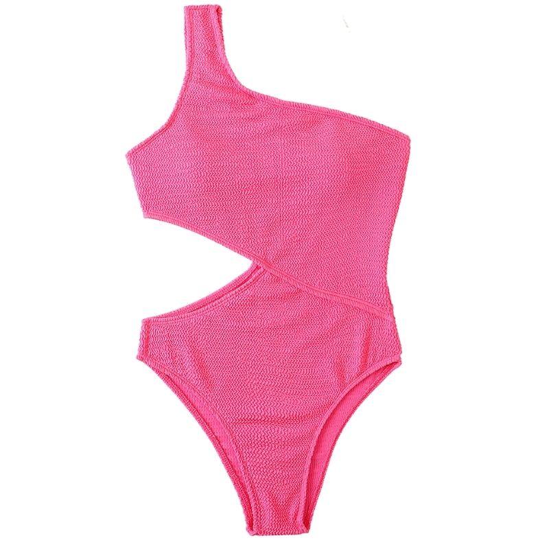 Traje de baño de una pieza con textura de un solo hombro, sólido y ahuecado 