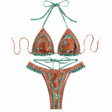 Traje de baño bikini con espalda descubierta, fruncido y lazo en contraste 
