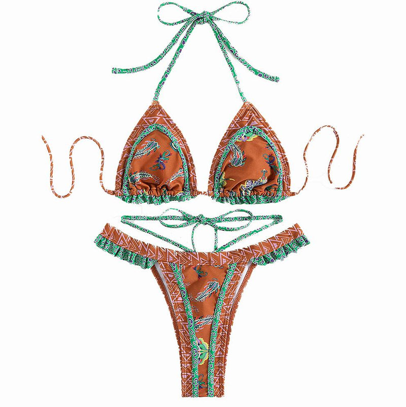 Traje de baño bikini con espalda descubierta, fruncido y lazo en contraste 