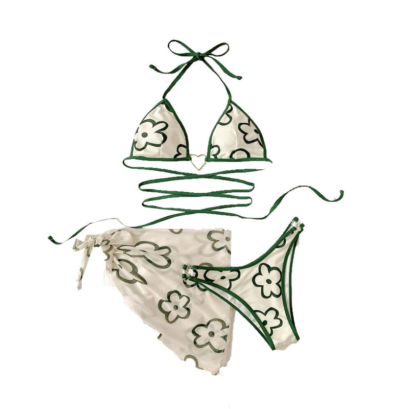 Maillot de bain 3 pièces rembourré à motif floral contrasté et licou 