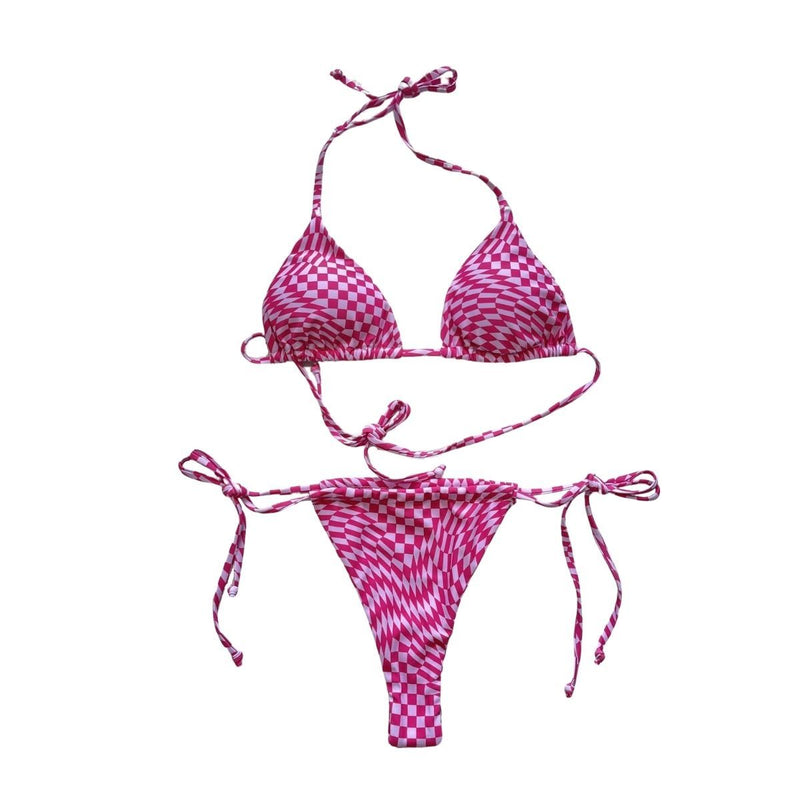 Traje de baño bikini sin espalda con contraste a cuadros y lazo tipo halter 
