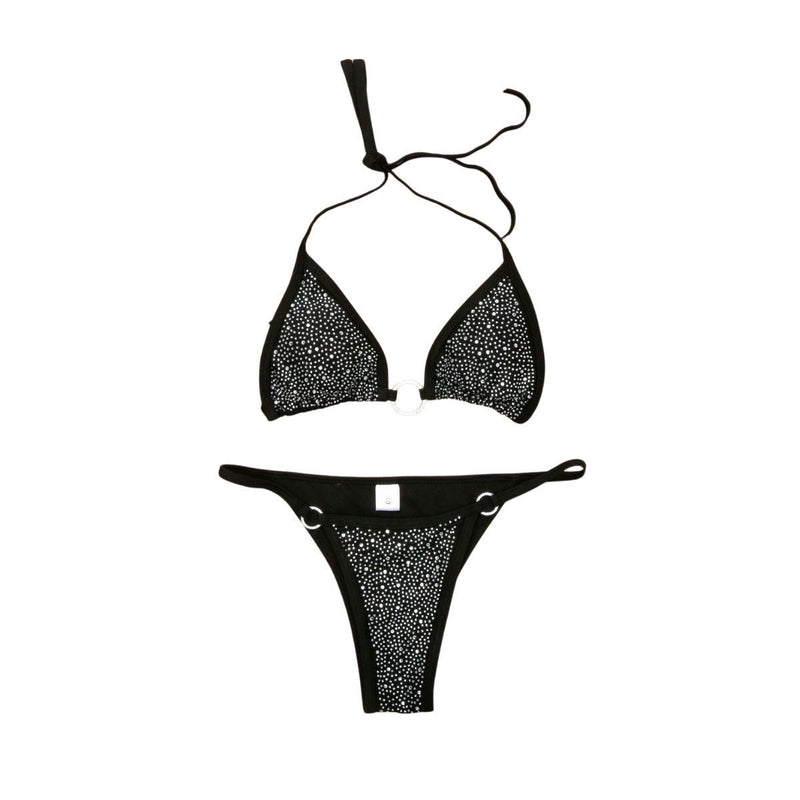 Traje de baño bikini sin espalda y cuello halter con aros y cuentas 