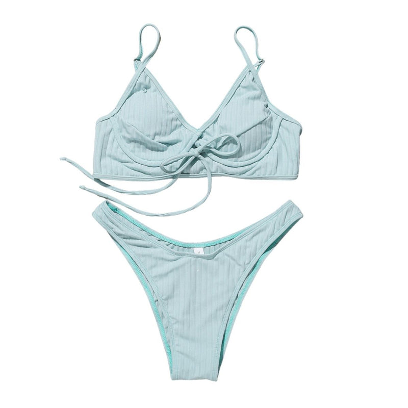 Maillot de bain bikini dos nu uni rembourré avec boucle à nouer dans le col en V 