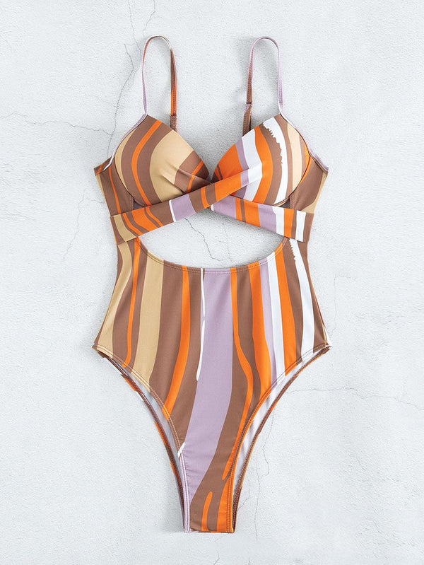 Maillot de bain une pièce à rayures contrastées, boutonné et rembourré 