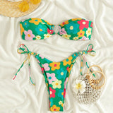 Maillot de bain bikini tube à nouer soi-même et motif floral 