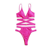 Maillot de bain bikini ajouré à dos croisé et boutons solides à col en V 