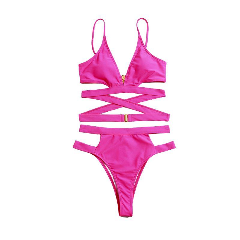 Maillot de bain bikini ajouré à dos croisé et boutons solides à col en V 