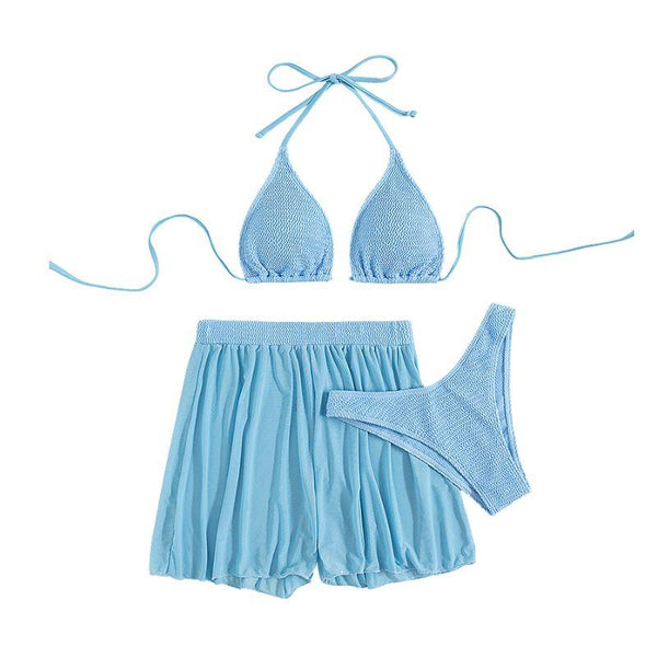 Traje de baño de 3 piezas con textura sólida, sin espalda y con cuello halter de malla y lazo 