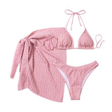 Maillot de bain 3 pièces rembourré texturé à nouer soi-même et à licou uni 